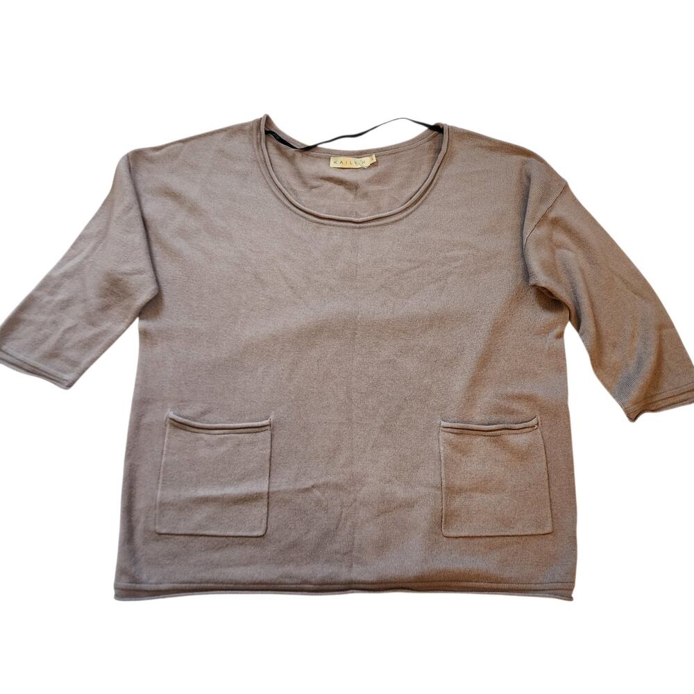 Kaily K Womens Pullover Sweater Size L Taupe Boxy Pockets Roll Hems Soft Knit